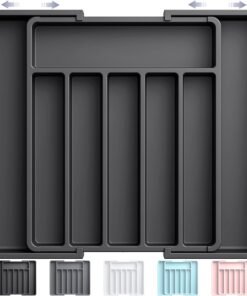 Expandable Kitchen Drawer Storage Organiser, Adjustable Cutlery Tray, Multipurpose Utensil Organisation for Forks, Knives, Black, 34 x 4 x 26~50 cm
