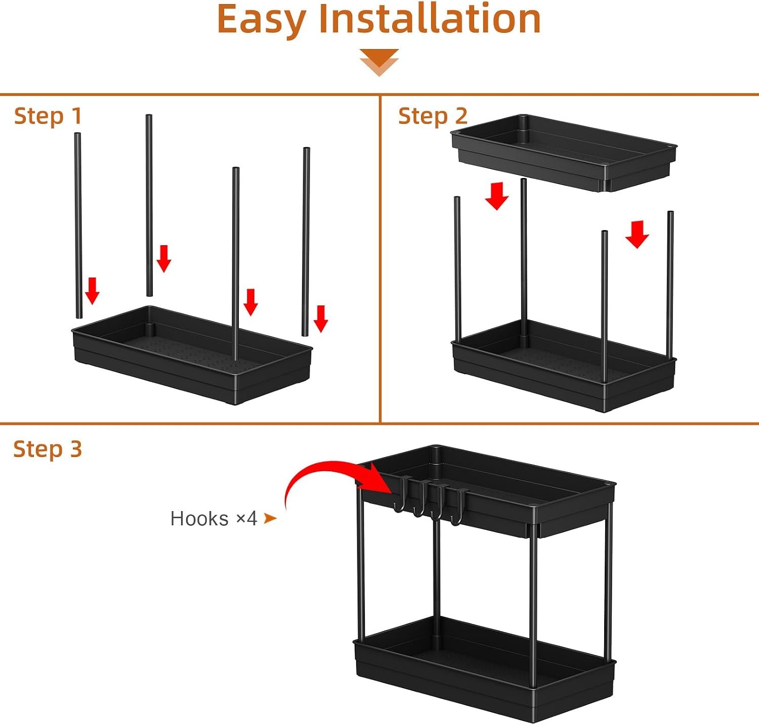 2 Pack Under Sink Storage - Kitchen Storage and Organisation, 2 Tier Kitchen Under Sink Shelf, Multi-Purpose Organisation for Bathroom,Black | Under Sink, Sink, Bathroom, Multipurpose, Cabinet Organiser, Space Saving - Image 3