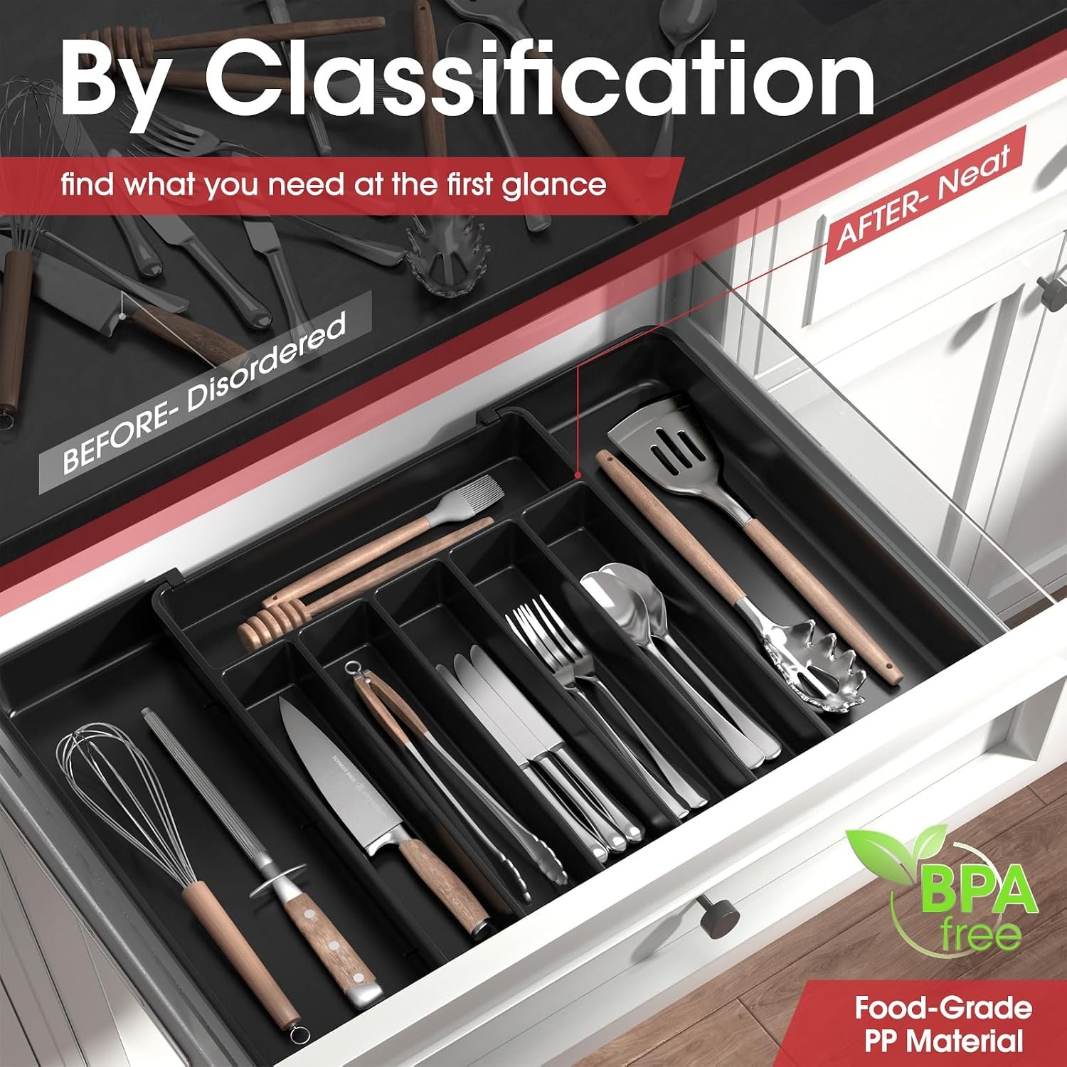 Expandable Kitchen Drawer Storage Organiser, Adjustable Cutlery Tray, Multipurpose Utensil Organisation for Forks, Knives, Black, 34 x 4 x 26~50 cm - Image 2