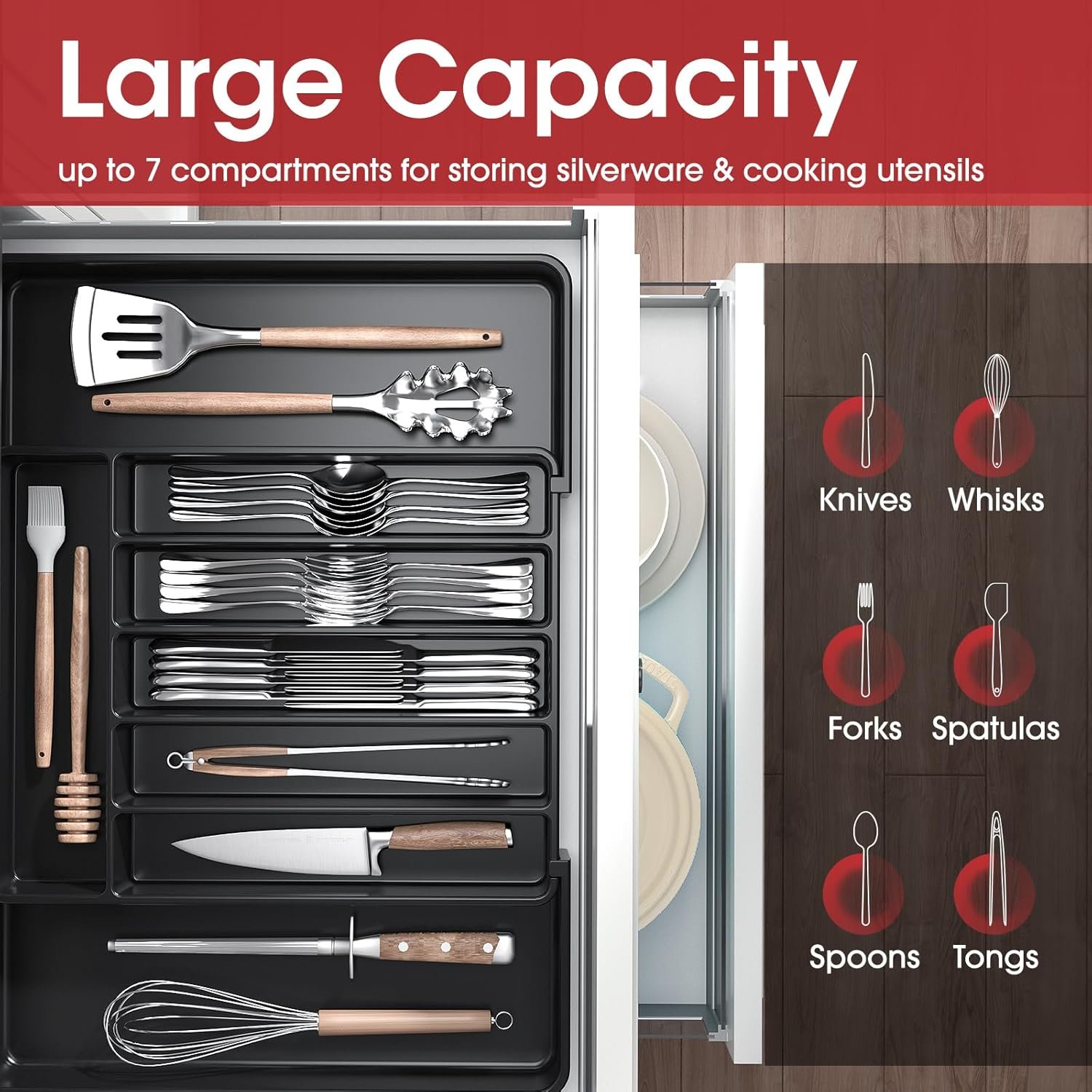 Expandable Kitchen Drawer Storage Organiser, Adjustable Cutlery Tray, Multipurpose Utensil Organisation for Forks, Knives, Black, 34 x 4 x 26~50 cm - Image 3