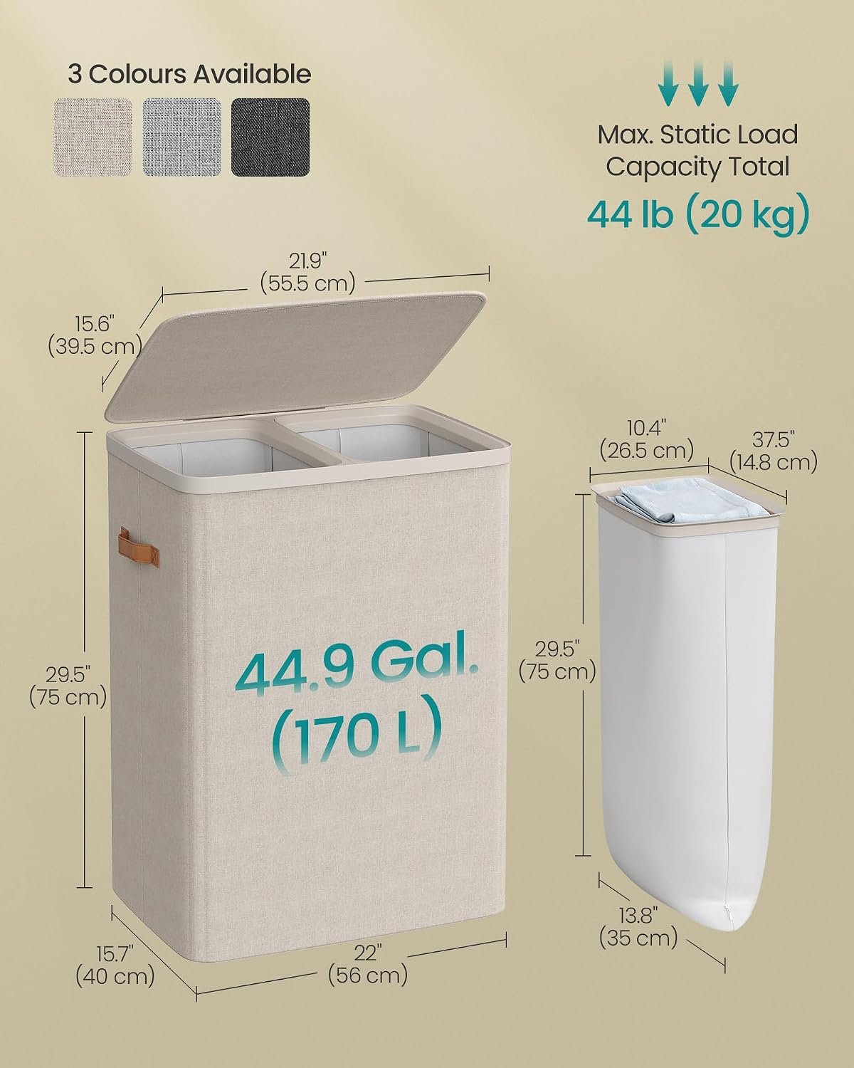 Laundry Basket, 170 L Dual Compartment Laundry Hamper, with Lid and Handles, Removable Liners, Easy Assembly, 56 x 40 x 75 cm, Cappuccino Beige LCB813L01 - Image 6