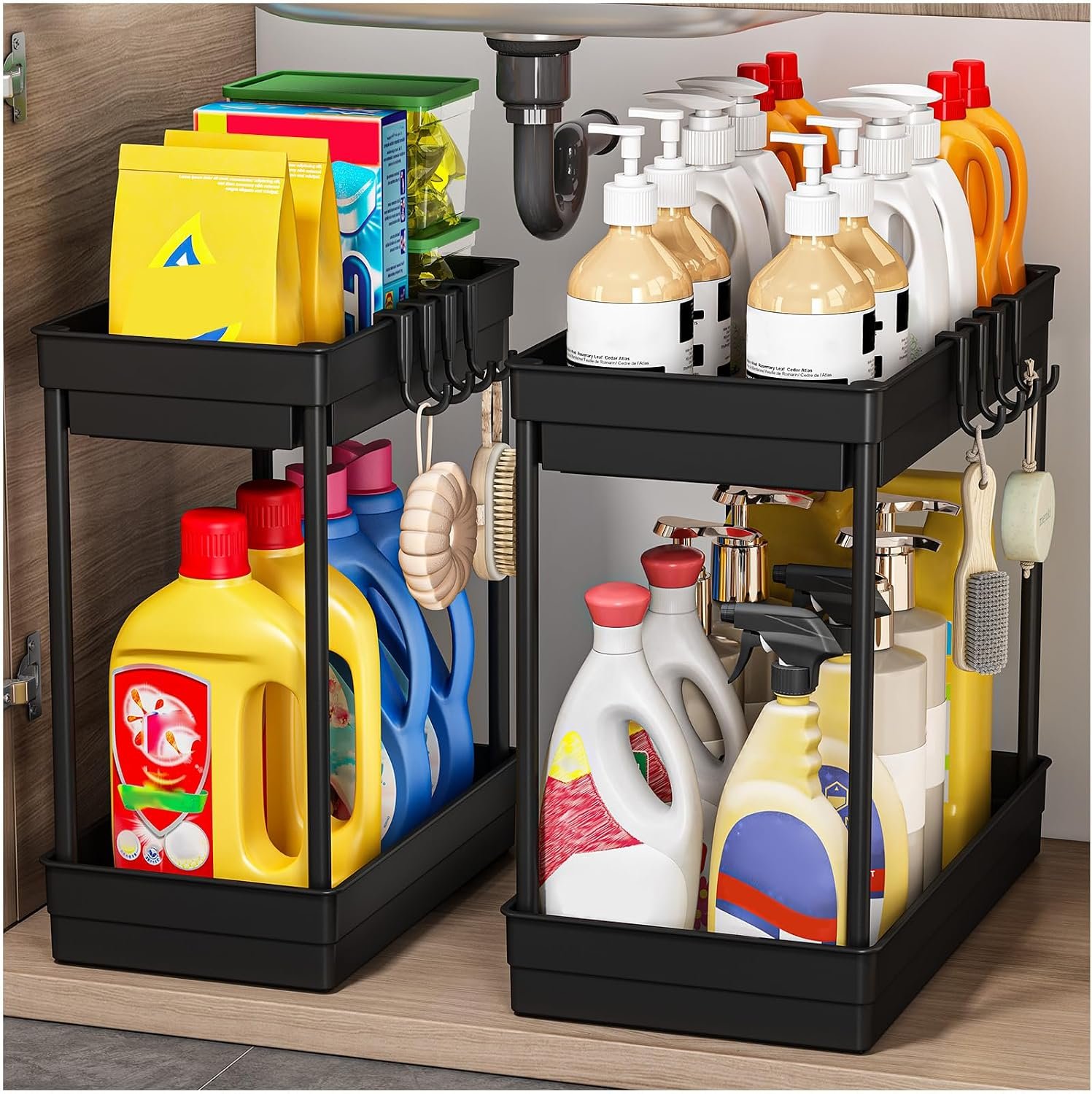 2 Pack Under Sink Storage - Kitchen Storage and Organisation, 2 Tier Kitchen Under Sink Shelf, Multi-Purpose Organisation for Bathroom,Black | Under Sink, Sink, Bathroom, Multipurpose, Cabinet Organiser, Space Saving