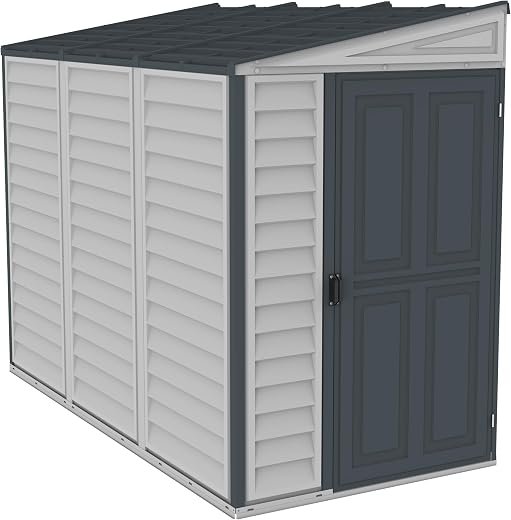 SideMate PLUS 4 x 8 (2.95 m2) Plastic Garden Shed with Metal Foundation Kit, Reversible Door, Strong Metal Roof Structure, Maintenance-Free Vinyl Shed - Dark Grey