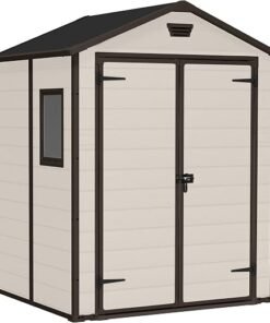 Manor Outdoor Apex Double Door Garden Storage Shed 6 x 8ft Beige Brown Wood effect | Fade Free | All Weather Resistant | Safe and Secure | Zero Maintenance | 15 year Warranty