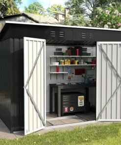 Metal Shed 8x4 FT, Outdoor Garden Storage, Waterproof Metal Shed for Firewood, Garbage Can, Tool, Lawnmower, Bike Shed, Galvanized Steel with Lockable Door for Backyard, Patio, Dark Grey