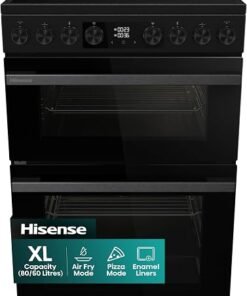 60cm Electric Cooker with Ceramic Hob-Black, A Rated Double Oven 50L/80L