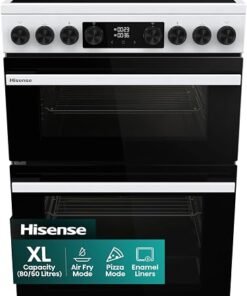60cm Electric Cooker with Ceramic Hob-White, A Rated Double Oven 50L/80L