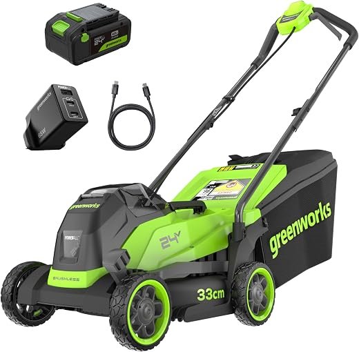24V Cordless Lawnmower with Brushless Motor for Smaller Lawns up to 260m², 33cm Cutting Width, 30L Bag, Lawnmower with 24V 4Ah Battery & Charger, 3 Year Guarantee