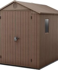 Darwin 6x8ft Outdoor Resin Garden Shed – Brown Evotech+ Wood-Look | Waterproof Resin Storage for Tools & Bikes | Double Doors | Lockable | 15 Yr Warranty | Zero Maintenance