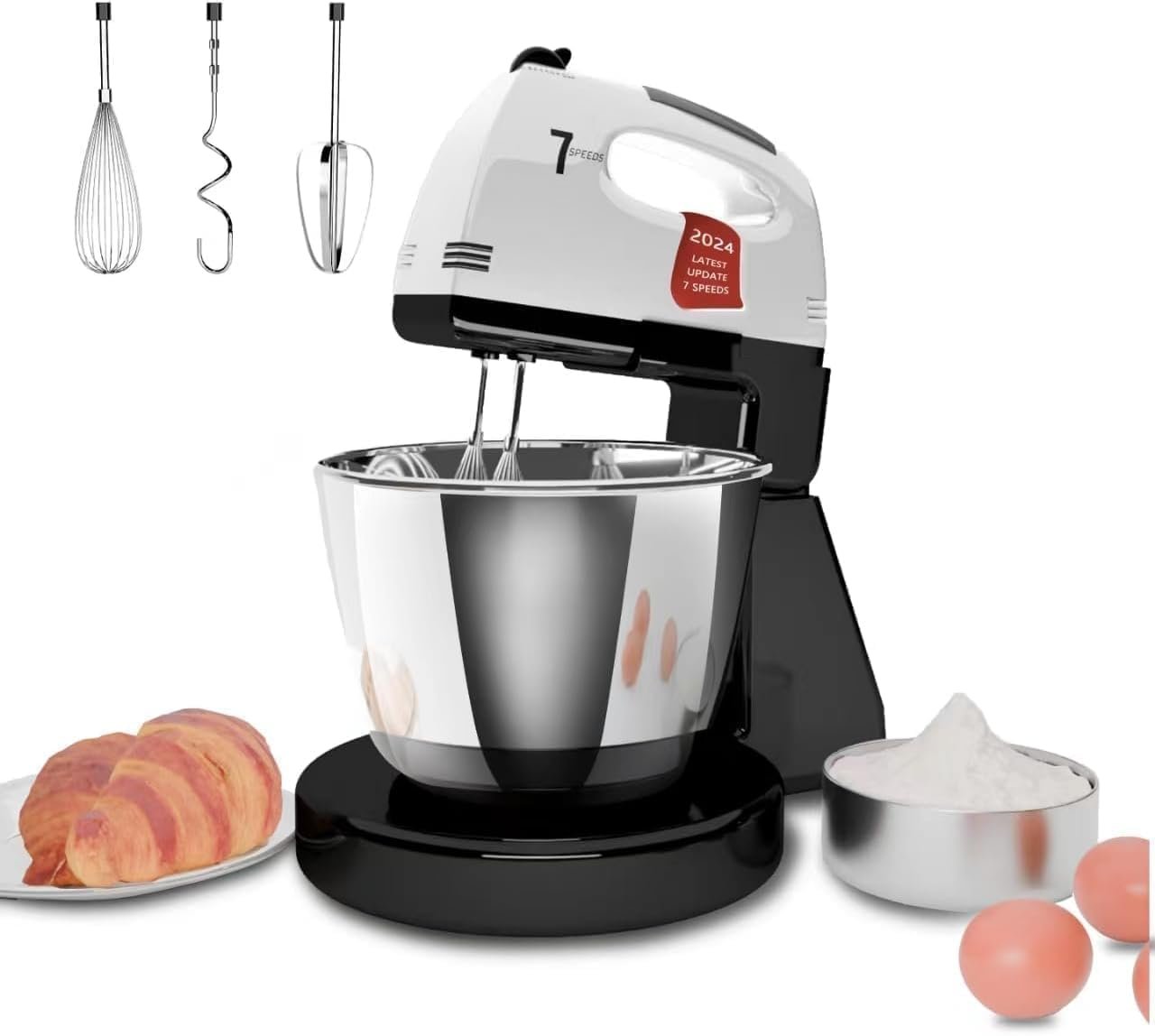 Stand Mixers, 7 Speeds With 3QT Stainless Steel Bowl, Stand and Hand Mixer with Dough Hook, Whisk, Mixing Beater for Baking, Cake, Cookie, Kneading