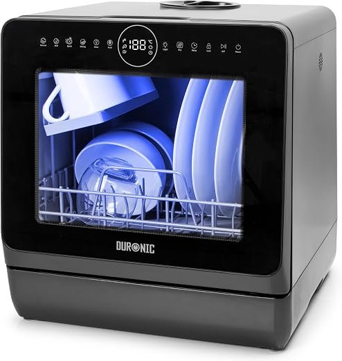Table Top Dishwasher with 8 Programs, 950W Portable Mini Countertop Dishwasher, No Plumbing, 5L Tank or Mains, 3 Place Settings, Fruit Wash, Eco, Child Lock, Delay Start, LED, Black